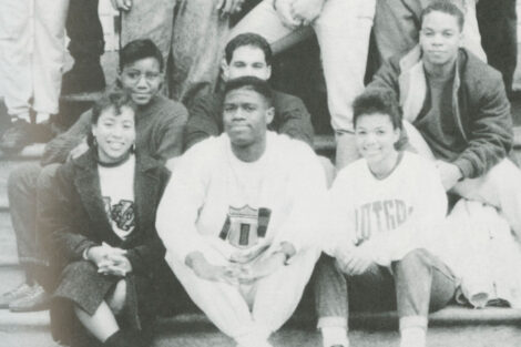 Blow (bottom right) was a member of the Association of Black Collegians (ABC). Black and white photo from 1989 Melange yearbook.