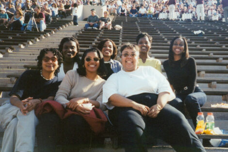 A group of people are seated in the stands at a game.